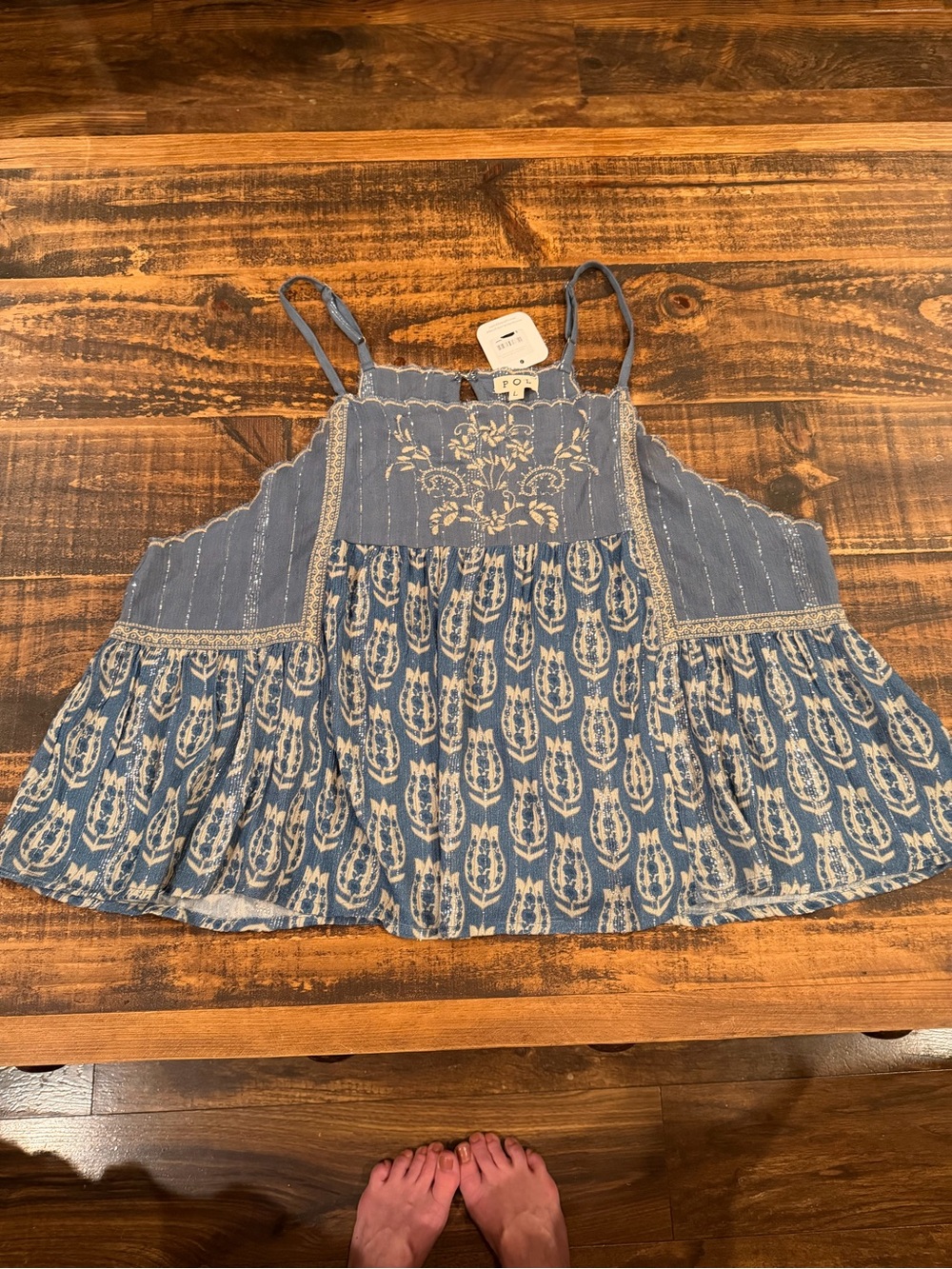POL Blue Printed Boho Tiered Spaghetti Strap Tank